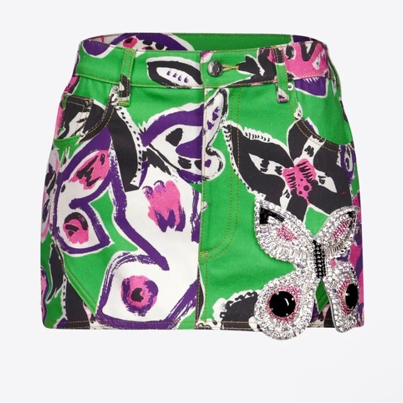 SOLD: AREA BUTTERFLY PRINTED DENIM MINI SKIRT - Picture 1 of 3